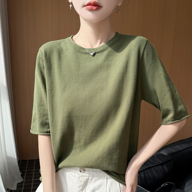 纯棉线圆领五分袖针织衫女2026春夏新款宽松休闲套头打底衫上衣
