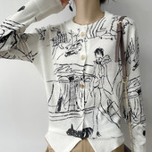 新款 秋季 女小众设计感羊绒涂鸦毛衣外套 精纺超薄微透羊毛针织开衫