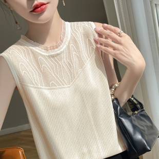 针织衫 内搭无袖 上衣宽肩吊带休闲外穿 新款 冰丝花领打底背心女春季