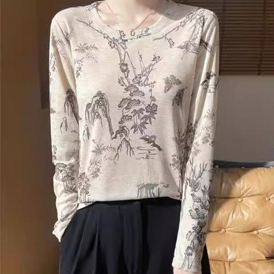 网纱水墨晕染长袖T恤打底衫女春季薄修身印花空调防晒衫内搭上衣