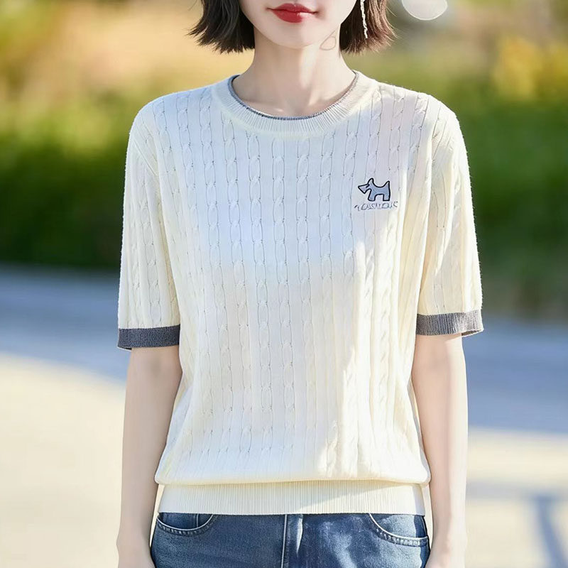 撞色针织衫女圆领冰丝短袖宽松套头刺绣小马打底上衣针织春夏季