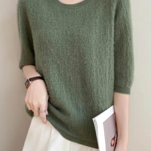 羊毛圆领桃空七分袖短袖女