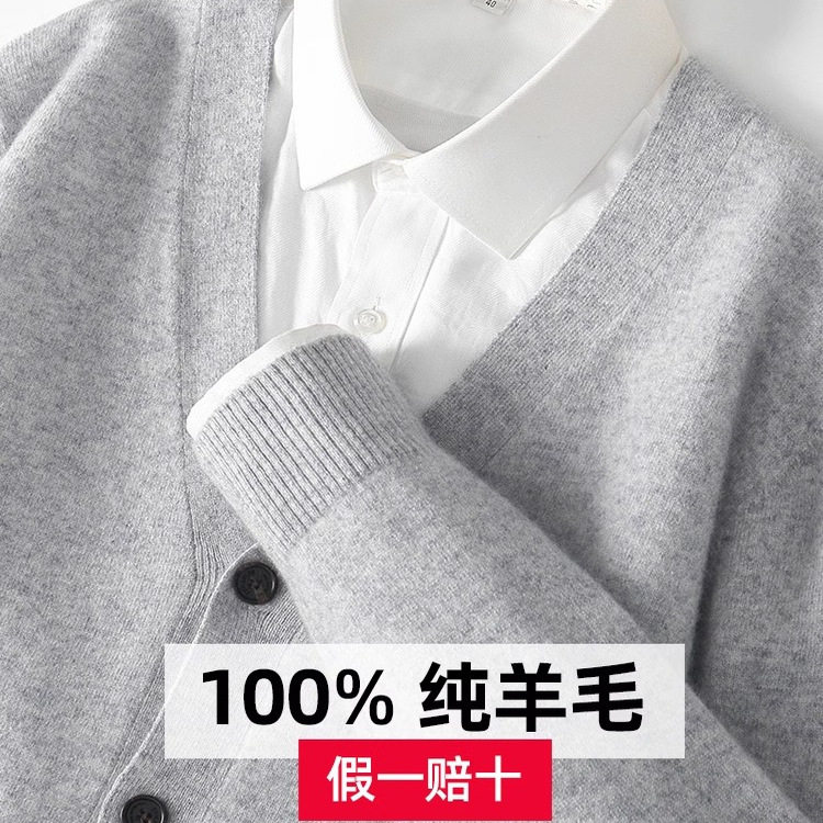 2026新款春秋纯羊毛开衫男V领青年商务休闲大码针织时尚羊绒外套