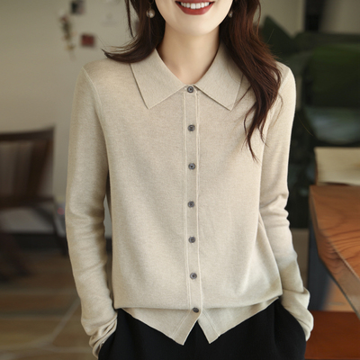 2025冬季新款POLO领长袖针织开衫女休闲翻领毛衣外套羊毛打底衫