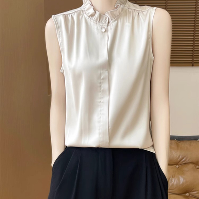 2025年新款轻奢缎面木耳领无袖衬衫打底衫背心女丝滑立领叠穿内搭