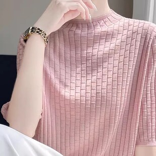 半高领中袖上衣宽松休闲正肩五分袖秋季薄款天丝针织衫打底衫简约