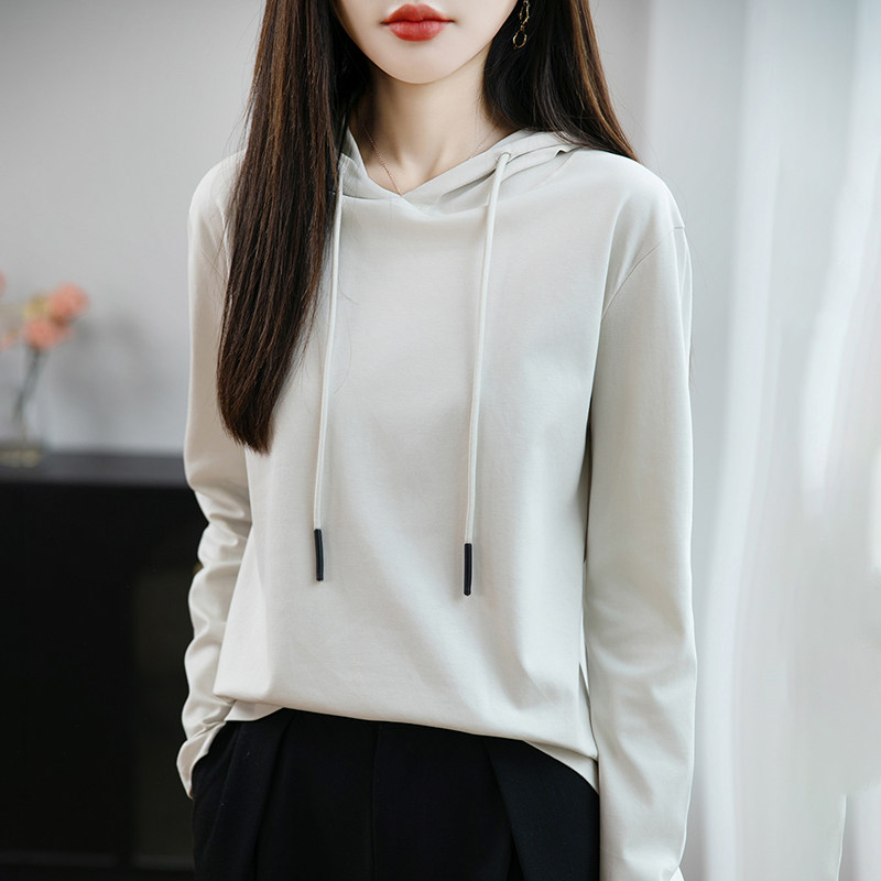 2026春季新款薄款连帽卫衣长袖t恤女纯棉带帽衫打底减龄上衣外穿