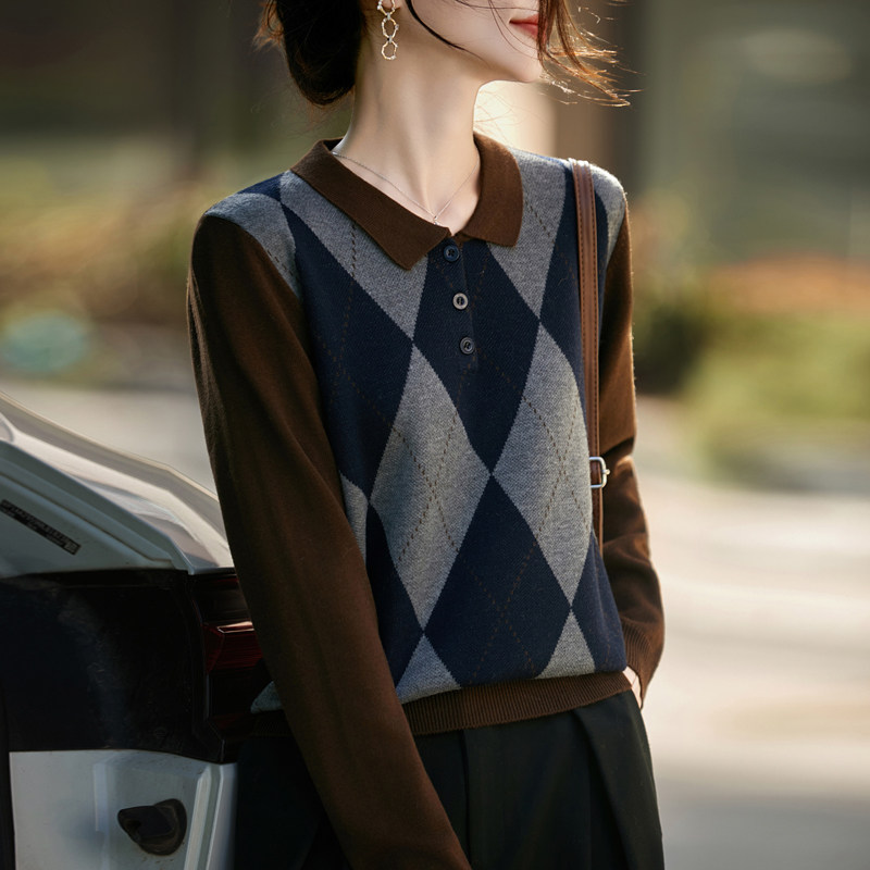 复古菱格翻领精纺羊毛针织衫女套头撞色宽松长袖毛衣学院风打底衫,女装/女士精品,毛针织衫,淘宝优惠券,粉丝福利购,淘宝优惠卷