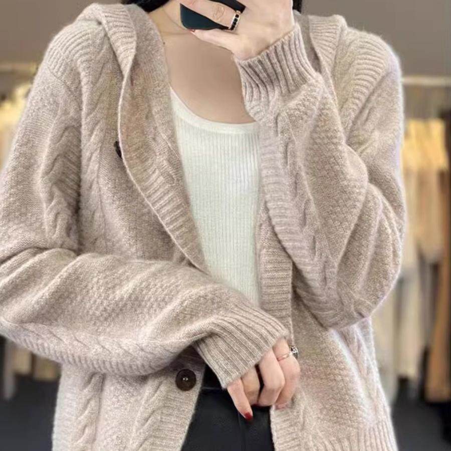 2025新款秋装外穿大码羊绒连帽麻花针织开衫女宽松加厚毛衣外套韩