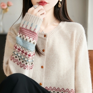 费尔岛风提花圆领羊毛针织开衫女长袖复古民族风毛衣秋冬外套上衣