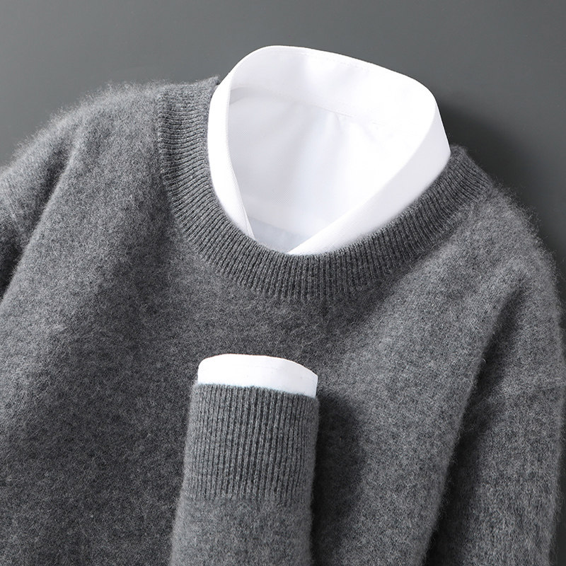 秋冬极简绒羊毛衫男士圆领修身套头仿羊绒毛衣商务休闲灰色针织衫