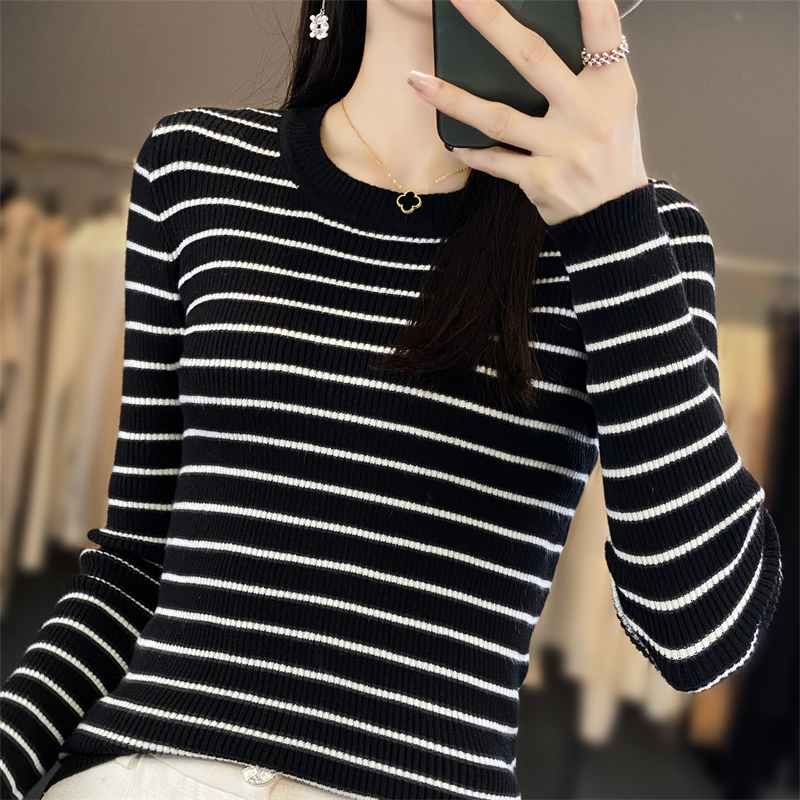 秋冬新款条纹圆领羊毛针织衫女长袖修身打底毛衣黑色紧身套头衫