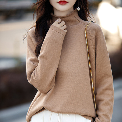 纯棉套头半高领纯色针织衫