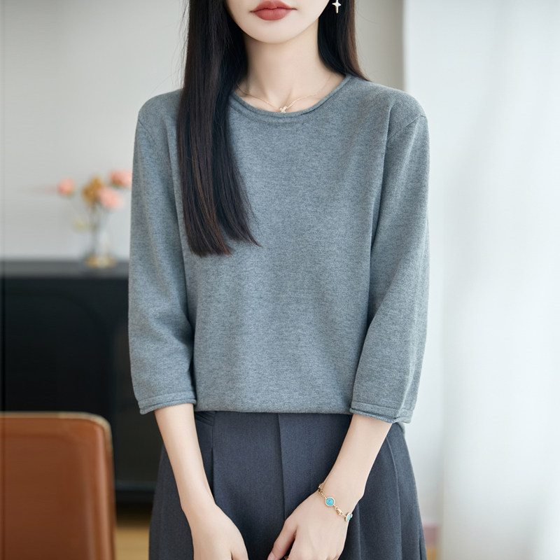 复古圆领纯棉线中袖针织上衣女简约百搭七分袖短款显瘦内搭打底衫