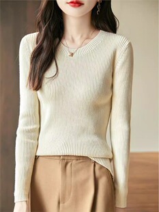 2025秋季法式纯棉线长袖针织打底衫女圆领修身显瘦毛衣套头衫上衣