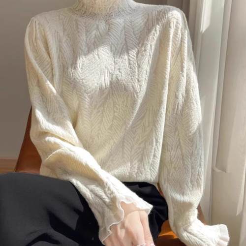 2025冬季新款荷叶领木耳边打底衫半高领毛衣女内搭减龄针织衫上衣