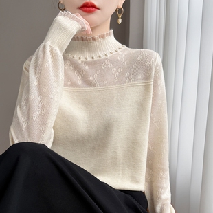 法式气质精纺羊毛木耳边蕾丝半高领针织衫女套头宽松提花打底衫