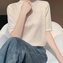 精纺羊毛蕾丝镂空短袖T恤女秋季半高领五分袖亮丝针织打底上衣薄