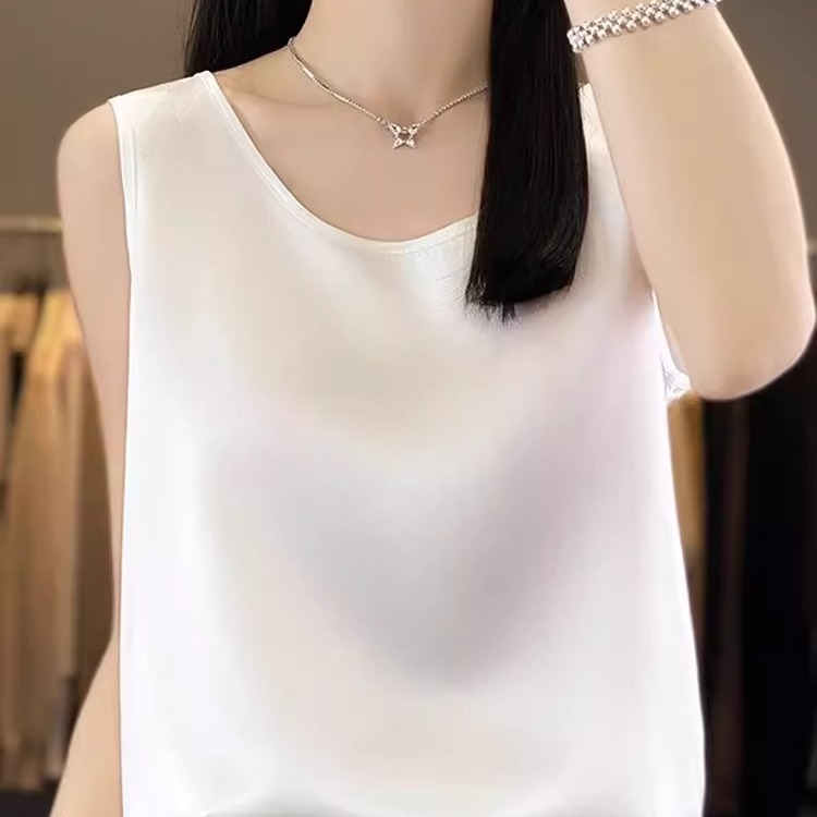 夏季桑蚕丝圆领真丝吊带背心女内搭冰丝白色西装醋酸打底缎面