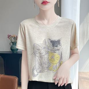 休闲宽松显瘦上衣潮 百搭时尚 猫咪印花短袖 t恤女2025新款 早秋韩版