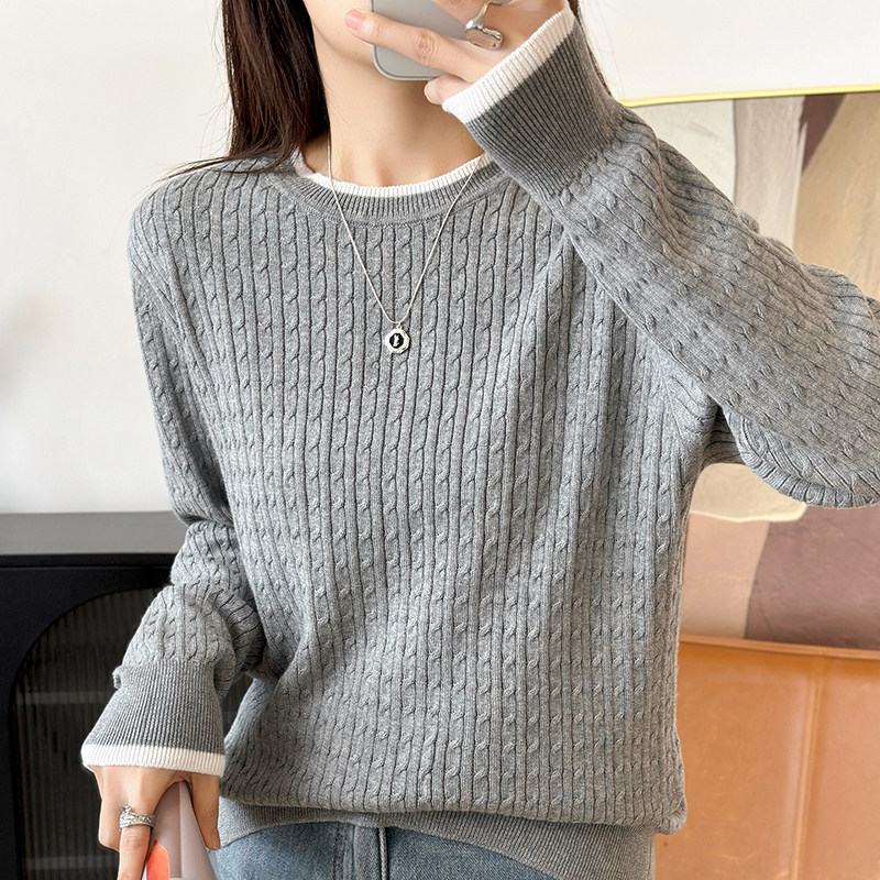 圆领麻花纹纯棉针织衫女春季新款长袖宽松显瘦打底毛衣套头上衣