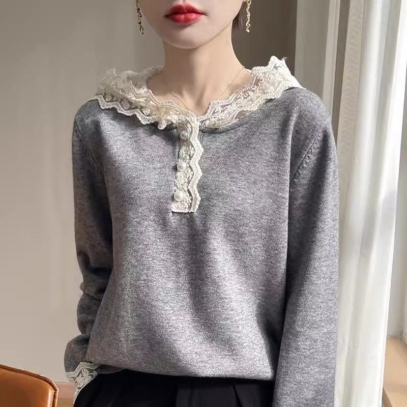 时髦设计感蕾丝拼接连帽针织打底衫女气质减龄毛衣高级感百搭上衣,女装/女士精品,毛针织衫,淘宝优惠券,粉丝福利购,淘宝优惠卷