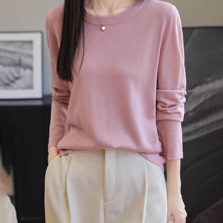 超细精纺丝光羊毛衫女秋季圆领针织打底衫冬季时尚薄款毛衣内搭