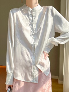 立领新中式长袖奢华衬衫女提花高级感古风上衣缎面新款薄款25衬衣