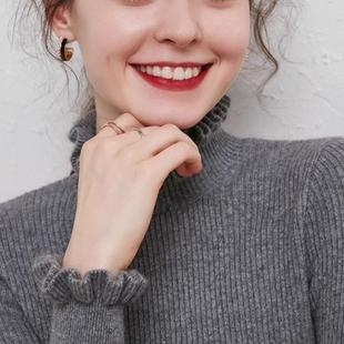 半高领毛衣女修身荷叶领紧身内搭2025秋季花边袖木耳边打底针织衫