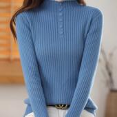 不起球全棉针织衫 半高领黑色打底毛衣春季 坑条紧身显瘦纯棉内搭女