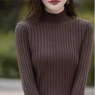 无缝100%纯棉线针织衫女半高领春秋款长袖套头毛衣内搭修身打底衫