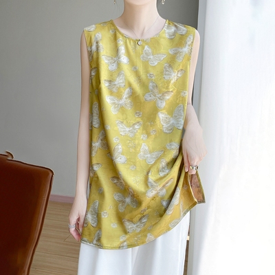 新中式国风中长款缎面印花上衣2025早秋新款复古唐装无袖背心马甲
