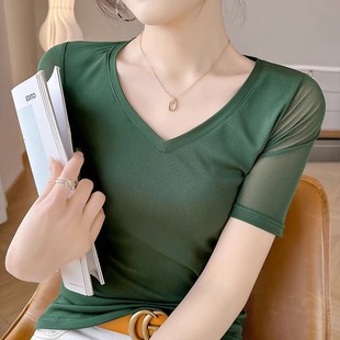 气质网纱修身 24夏季 莫代尔半袖 冰丝短袖 显瘦打底上衣 T恤女V领薄款