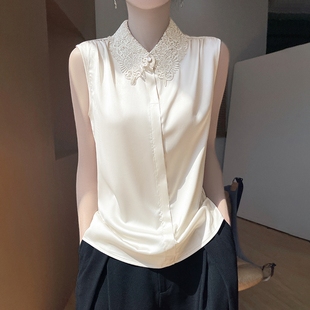 温柔风气质优雅蕾丝女醋酸缎面无袖衬衫打底镂空衬衣POLO领背心衫