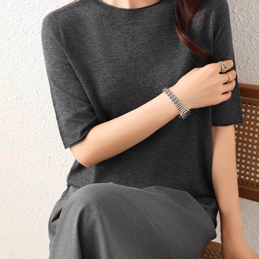 早春卷边圆领针织短袖女薄款