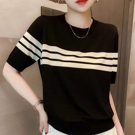 休闲舒适圆领套头打底衫夏季韩版减龄显瘦条纹冰丝针织衫短袖上衣