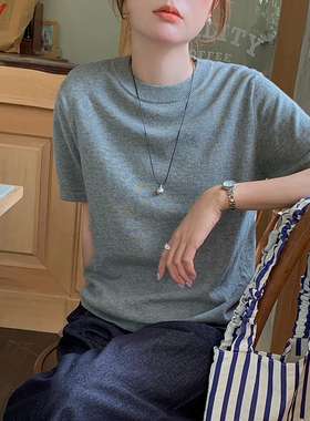 灰色圆领短袖纯棉T恤女夏季2025韩版简约宽松休闲时尚针织上衣