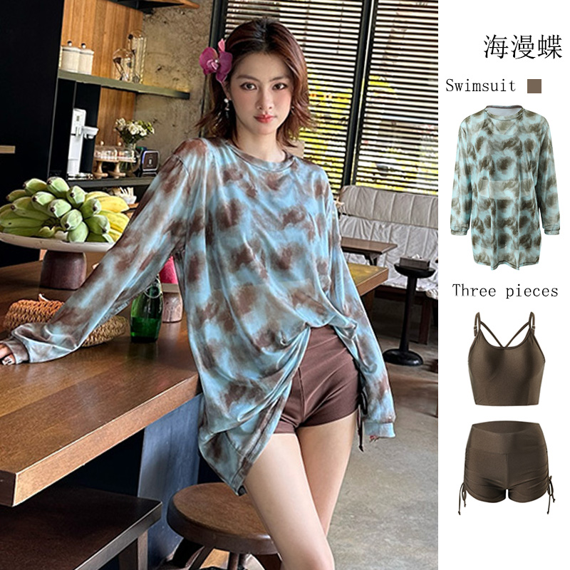 泳衣女分体三件套大码显瘦遮肚比基尼长袖罩衫度假胖mm夏季游泳衣