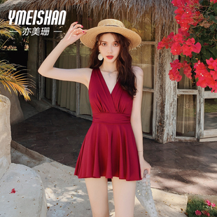 亦美珊红色泳衣女泡温泉连体保守微胖遮肉显瘦成人2026新款 高级感
