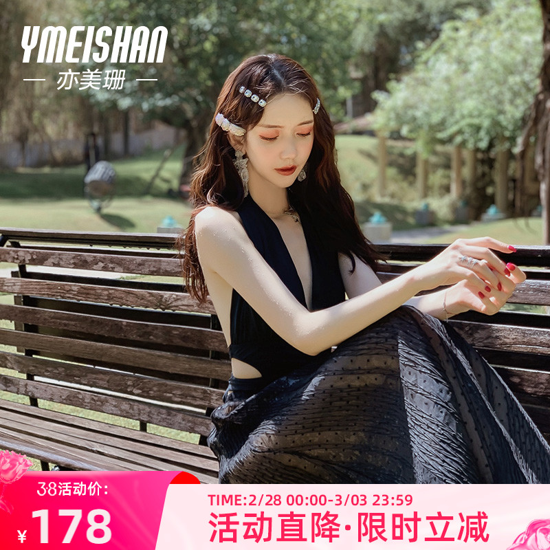 亦美珊黑色泳衣女显瘦性感纯欲网红风2024年新款连体高级感泡温泉