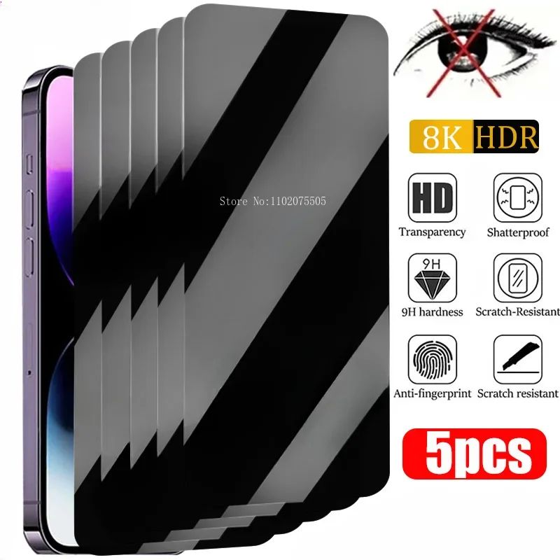 5Pcs Privacy Screen Protector For iPhone 16 15 Pro Max Anti-Spy Glass For iPhone Tempered Glass Film
