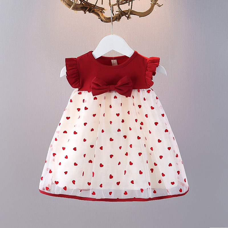 2025夏蝴蝶结飞袖女童韩版爱心网纱裙周岁红色公主纯棉背心连衣裙