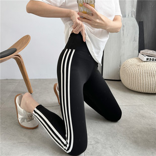 弹力九分裤 打底裤 外穿瑜伽高腰收腹三条杠宽松大码 2025春夏新款