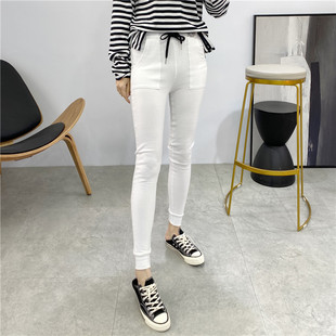 2024春韩版抽绳收口贴布螺纹棉质口袋外穿显瘦百搭九分打底裤女裤