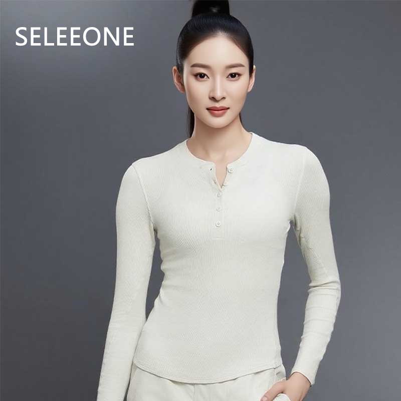 SELEEONE同款亨利领运动T恤前半开钮扣易穿脱款莫代尔竖纹25146