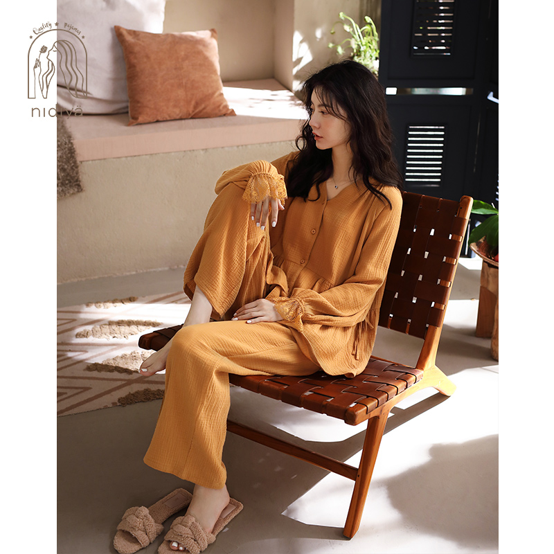 妮狄娅新款睡衣女士春秋纯棉长袖复古开衫休闲宽松简约家居服套装