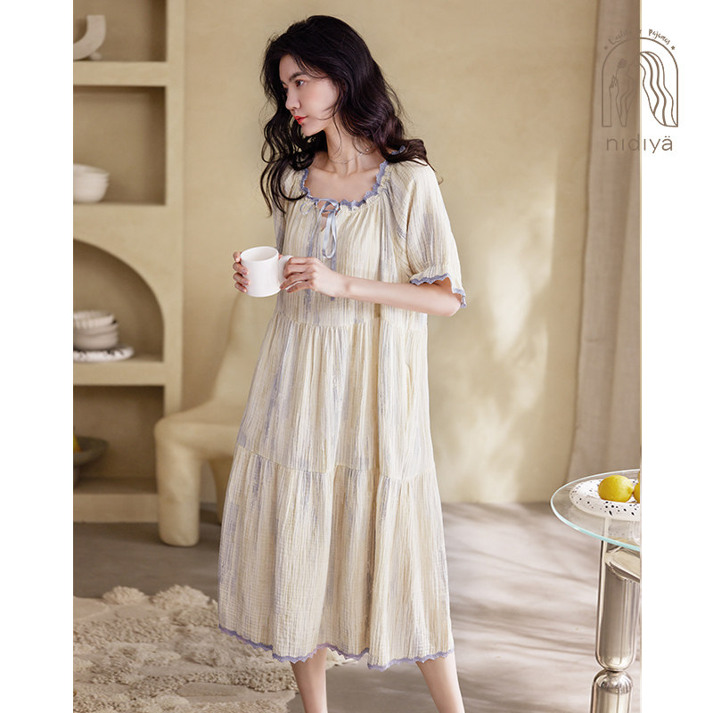 妮狄娅睡衣睡裙女夏季纯棉夏天孕妇短袖宽松大码中长款休闲家居服