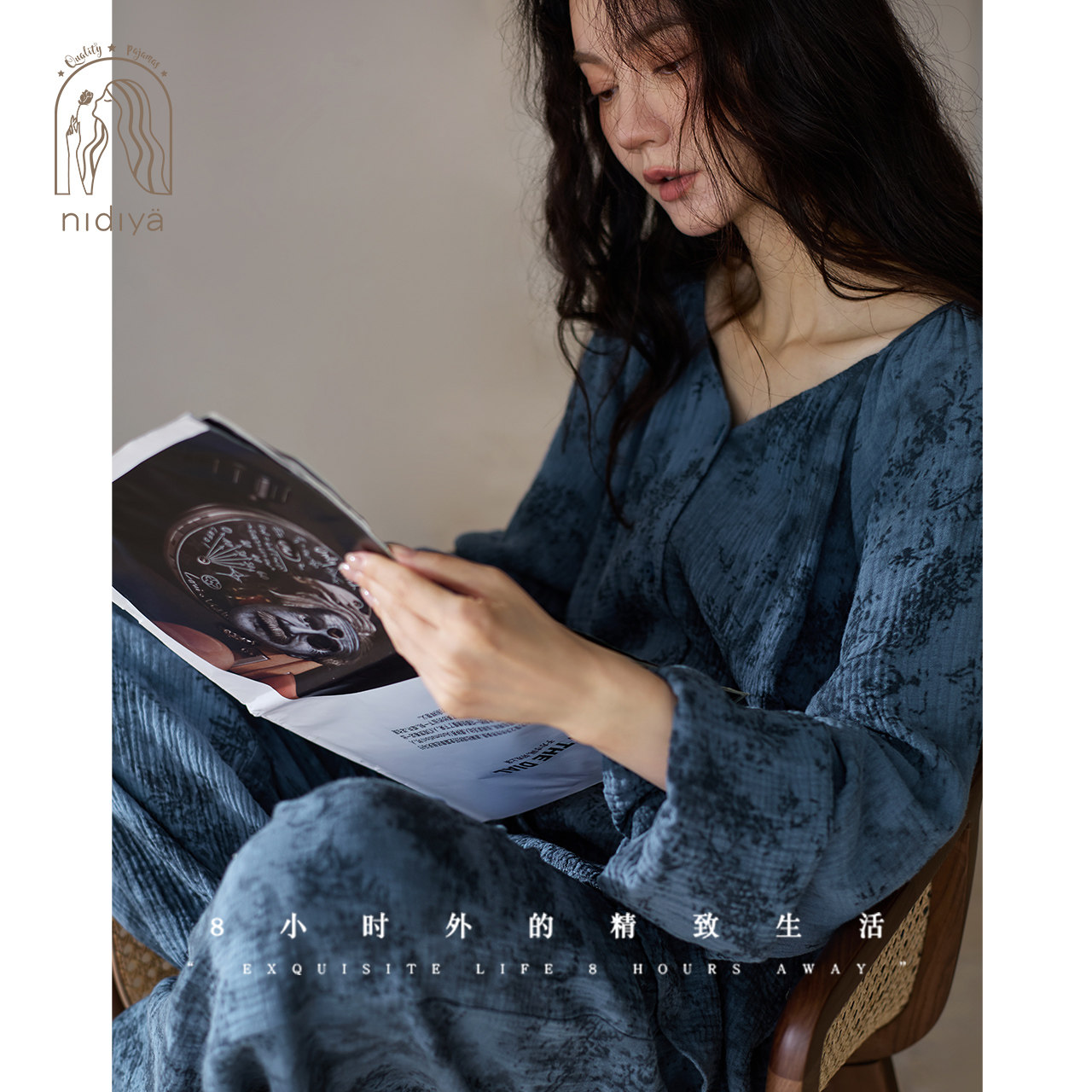 妮狄娅睡衣女秋季长袖纯棉纱布复古国风开衫款显白春秋家居服套装