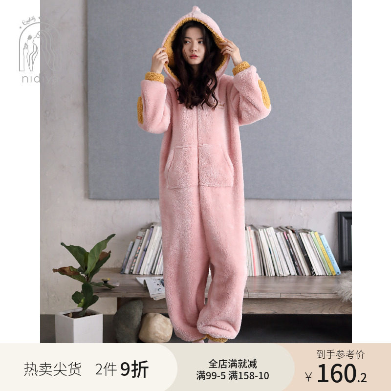妮狄娅珊瑚绒睡衣女冬季加厚法兰绒保暖卡通可爱连体衣带帽家居服
