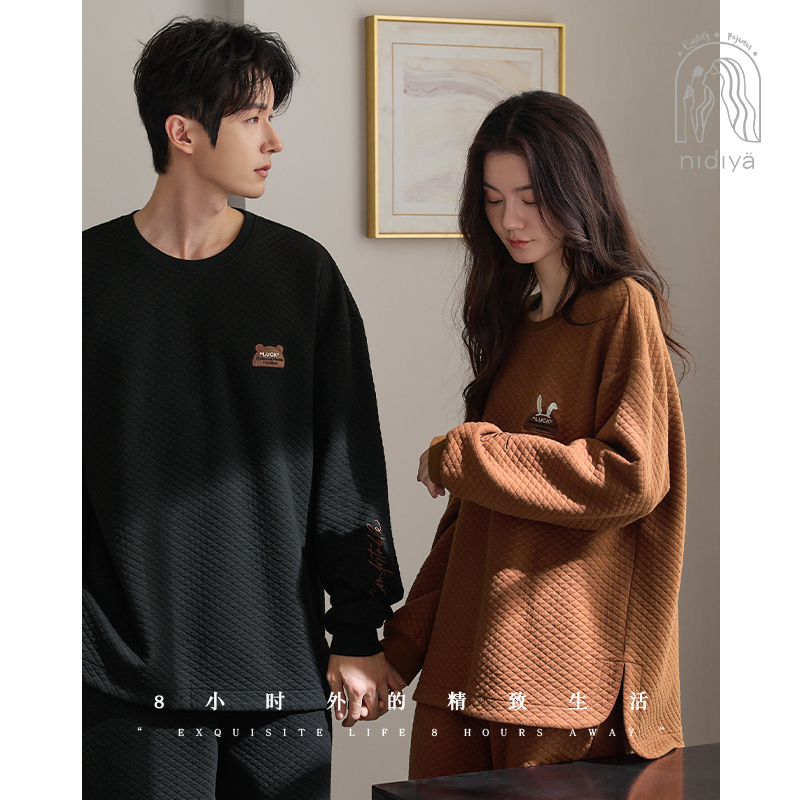 妮狄娅情侣睡衣女秋冬长袖纯棉加厚夹层男休闲外穿时尚家居服套装